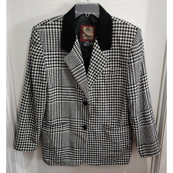 Vtg 80s Ventura Women’s Blazer Jacket Wool Blend Suede Collar Houndstooth Size M - Picture 1 of 9
